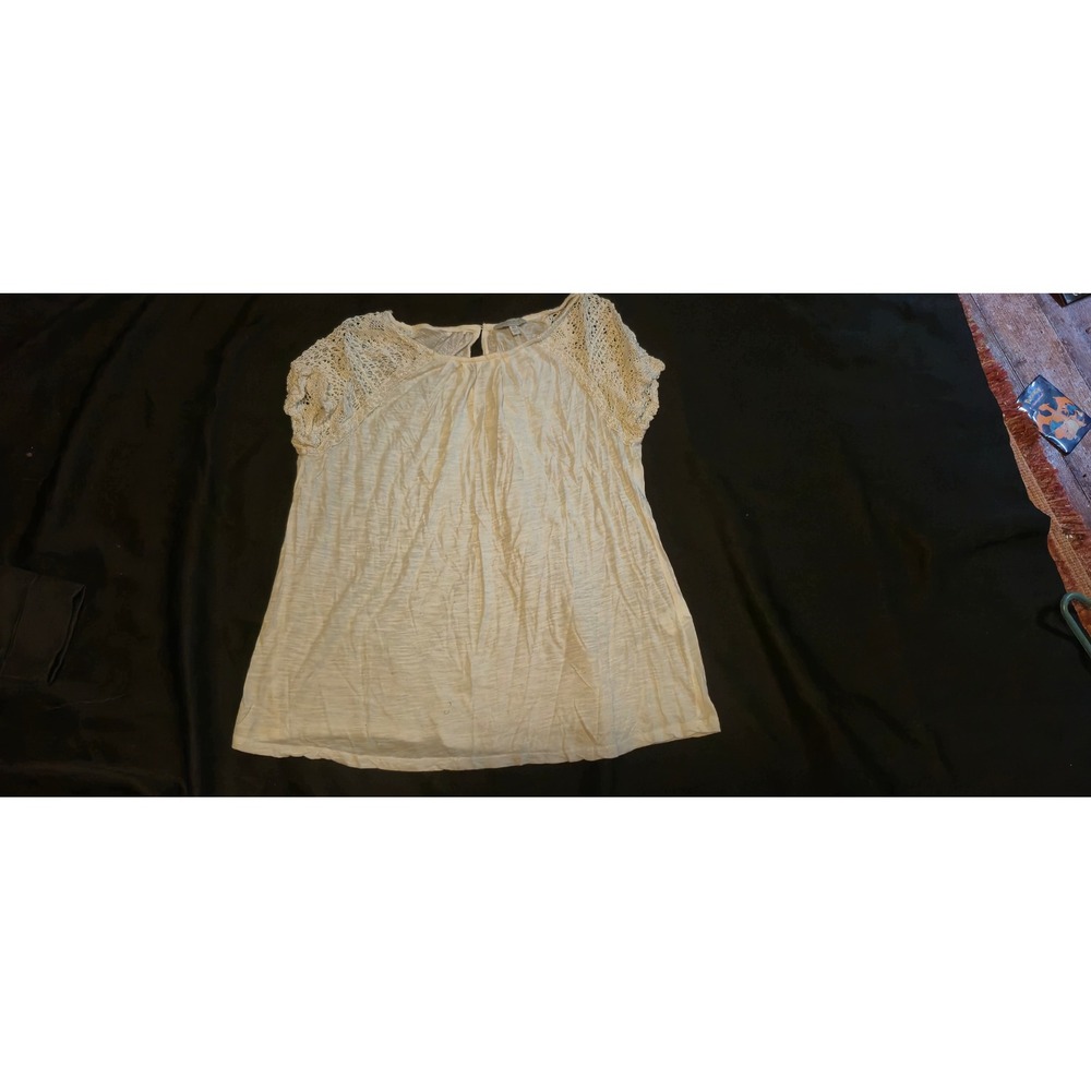 Lucky Brand Cream White Crochet Lace Shoulder Short Sleeve Keyhole Top XS